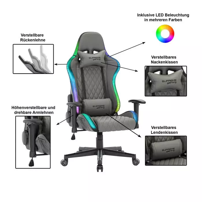 CARO-Möbel Gamingstuhl LEGEND In Grau, Mit LED Beleuchtung 4 CARO-Möbel Gamingstuhl LEGEND In Grau, Mit LED Beleuchtung – Bild 2