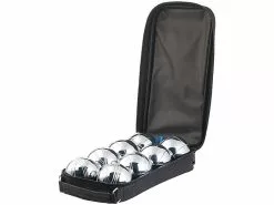 PEARL Boule Kugeln:Boule- & Boccia-Spiel: 8 Metall-, 1 Holz-Kugel, Abstandsmesser, Tasche