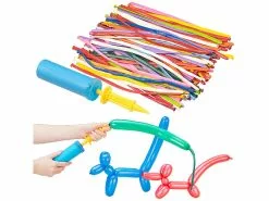 PEARL Modellierballons:Effiziente Doppelhub-Luftballonpumpe Mit 100 Bunten Modellier-Ballons