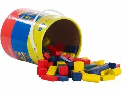 Playtastic Bauklötze Eimer:Holzbausteine Im Aufbewahrungs-Eimer, 100 Stück, 4 Farben, 6 Formen